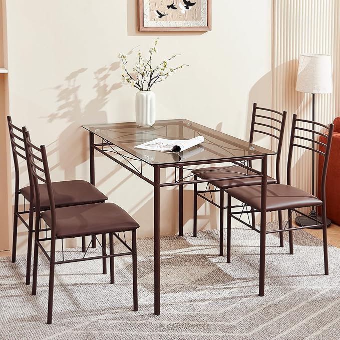 VECELO Kitchen Dining Room Table and Chairs [4 Placemats Included] 5-Piece Dinette Sets, Space Saving (Brown)