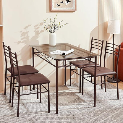 VECELO Kitchen Dining Room Table and Chairs [4 Placemats Included] 5-Piece Dinette Sets, Space Saving (Brown)