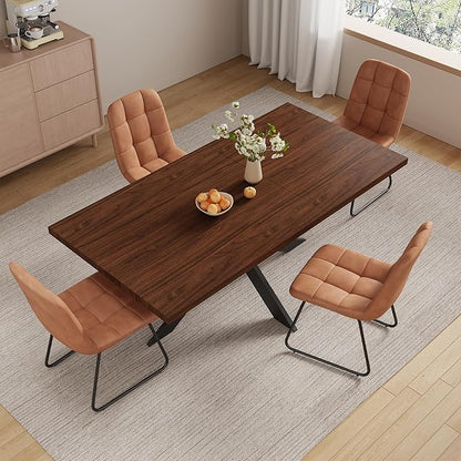 5-Piece Dining Table Set with 51"-67" Extendable Walnut Wood Table and 4 Brown PU Leather Chairs, Modern Rectangular Kitchen Table Set with Metal Legs, Space Saving Dining Room Furniture for 4