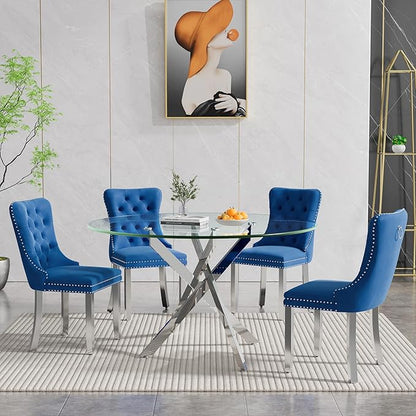 Goujxcy 5 Piece Round Glass Dining Table Set for 4, 47" Round Dining Table & Chair Set Modern Circle Glass Kitchen Table and 4 Velvet Upholstered Chairs for Kitchen Dining (Silver Table & Blue Chair)