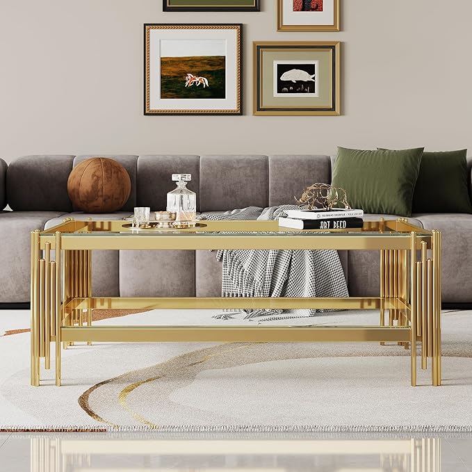 48" Rectangular Glass Coffee Table, Luxury 2-Tier Center Table with Storage & Gold Stainless Steel Frame, Modern Clear Glass Accent Coffee Cocktail Table for Living Room