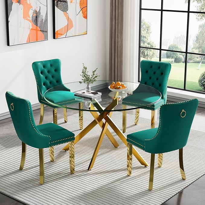 Goujxcy 5 Piece Round Glass Dining Table Set for 4, 47" Round Dining Table & Chair Set Modern Circle Glass Kitchen Table and 4 Velvet Upholstered Chairs for Kitchen Dining (Gold Table & Green Chair)