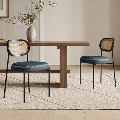 Rattan Dining Chairs Set of 6, Blue Leather Upholstered Dining Chairs with Rattan Cane Back, Mid Century Modern Dining Room Chairs with Black Metal Legs & D-Shaped Thicken Cushion, Blue