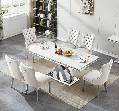 Goujxcy 7-Piece Dining Table Set Modern Faux Marble Dining Table Set for 6, Luxury 68" Long Faux Marble Kitchen Table with 6 Velvet Upholstered Chairs & Mirrored Stainless Steel Base
