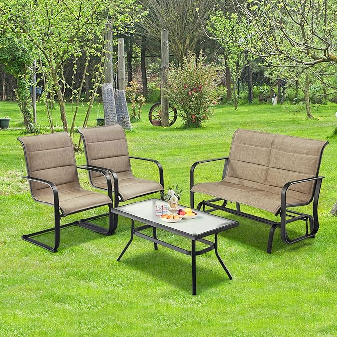 Tangkula 4 Pieces Outdoor Furniture Set, Patio Conversation Set with Coffee Table, 2-Person Swing Glider Loveseat and 2 Spring Motion Dining Chairs, Sectional Sofa Set with Cotton Padded (Brown)