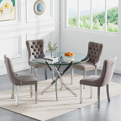 Goujxcy 5 Piece Round Glass Dining Table Set for 4, 36" Round Dining Table & Chair Set Modern Circle Glass Kitchen Table and 4 Velvet Upholstered Chairs for Kitchen Dining (Silver Table & Grey Chair)