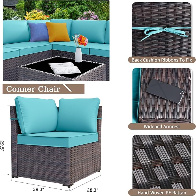 Kurapika 7 Pieces Patio Furniture Set, Rattan Wicker Outdoor Conversation Sets w/43in Propane Fire Pit Table and 4 Inch Cushion(Blue)