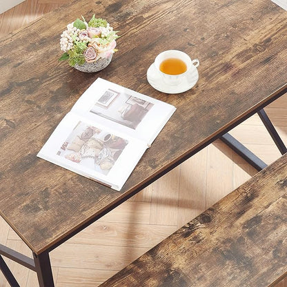 VECELO Kitchen Dining Table Benches Set for 4, 43.3" Wooden Dinette with 2 Benches, Heavy-Duty Dining Room Table for Small Space, Breakfast Nook, BrownRustic Brown