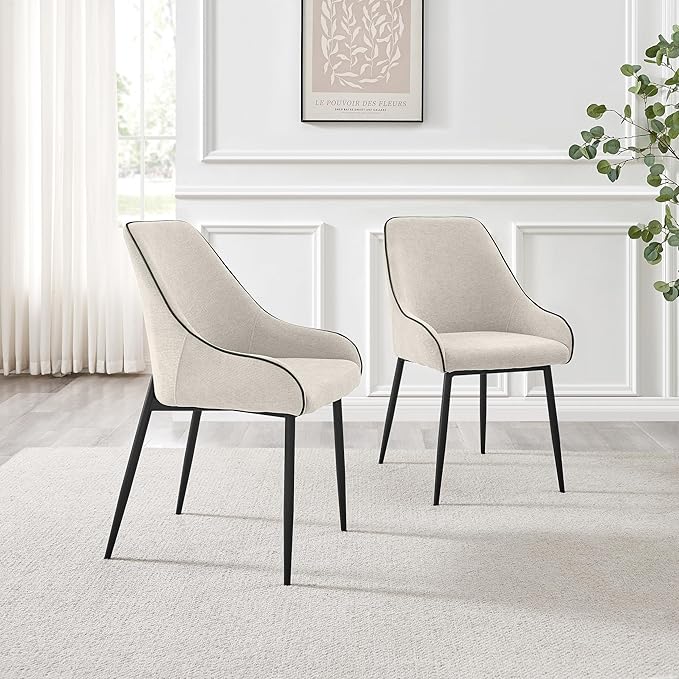 Furniturebox UK Dining Chairs - 2X Beaumont Cream Fabric Black Leg Chairs - Pair of Dining Chairs - Upholstered Polyester Chair - Modern Dining Room Furniture - Contrasting Black Piping