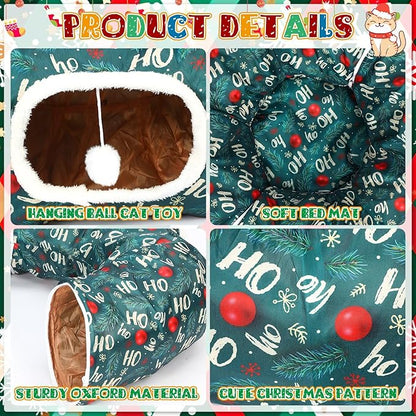 Christmas Cat Tunnel Bed for Indoor Cats Under Christmas Tree Skirt Tube with Hanging Ball Plush Cat Cave, Washable Holiday Pet Gift Toy & Gift for Kittens(Pine Branch)