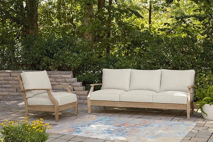 Signature Design by Ashley Carter Hall Outdoor Eucalyptus Wood Patio Sofa – Cushioned with UV-Resistant Nuvella Fabric, 5-Step Protective Finish, Beige