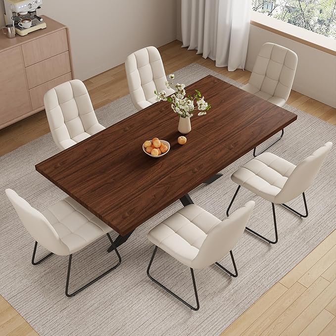 ZckyCine 7-Piece Dining Table Set with 51"-67" Extendable Walnut Wood Table and 6 PU Leather Chairs, Modern Rectangular Kitchen Table Set with Metal Legs, Seats 6, Easy Assembly