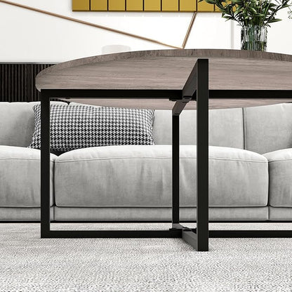 HOMERECOMMEND Round Coffee Table Nesting Tables for Living Room Tea Desk with Black Metal Legs Tea Table Balcony End Sofa Table Study,Black+Grey