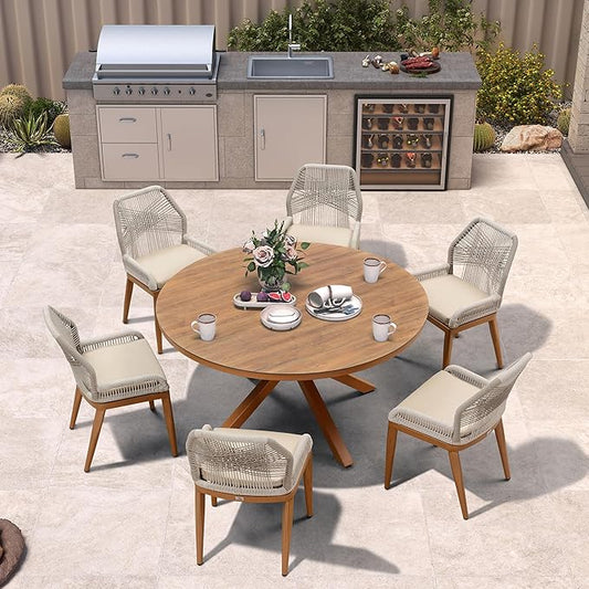 PURPLE LEAF 7 Pieces Round Dining Set Patio Aluminum Modern Round Table and Wicker Chairs with Cushions for Kitchen Backyard Garden Outdoor Furniture Sets