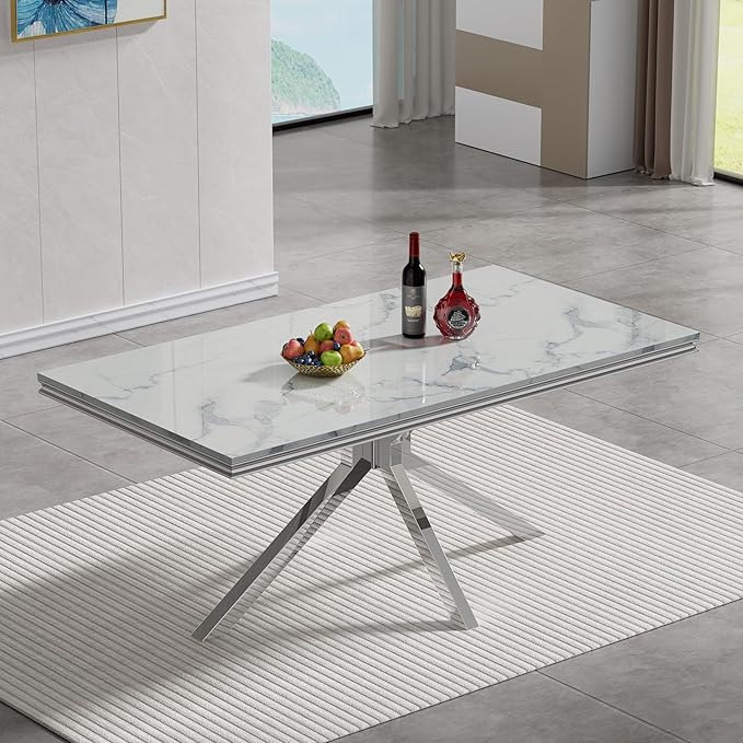 Goujxcy Luxury Dining Table Set for 6 Modern 7 Piece Faux Marble Dining Table Set with 6 Tufted Upholstered Chairs, 70" Faux Marble Kitchen Table & 6 Chairs with Mirrored Stainless Steel Base