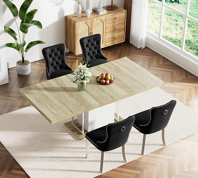Goujxcy 78.7" Farmhouse Extendable Dining Room Table Set for 4, 5-Piece Rectangle Kitchen Dining Room Table Set with Wood Base and 4 Black Velvet Dining Chairs, Extending Kitchen & Dining Table Set
