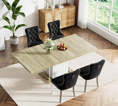 Goujxcy 78.7" Farmhouse Extendable Dining Room Table Set for 4, 5-Piece Rectangle Kitchen Dining Room Table Set with Wood Base and 4 Black Velvet Dining Chairs, Extending Kitchen & Dining Table Set