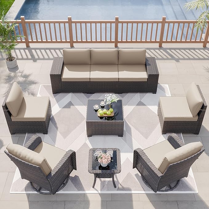Kurapika 9 Pieces Patio Furniture Set, Rattan Sofa Set, Outdoor Conversation Sets w/Swivel Rocking Chairs Patio Sectional Sofa w/4 Inch Cushion, Sand