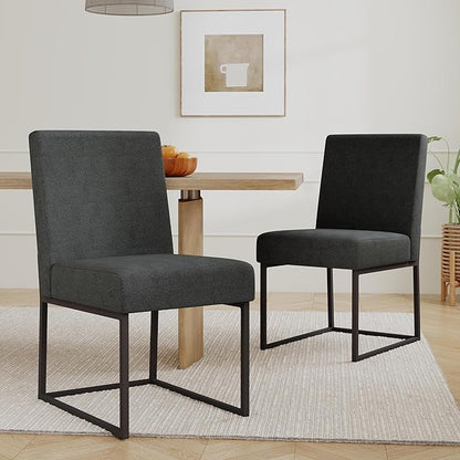 VKNOW Upholstered Dining Chairs Set of 6, Modern Dining Room Chairs, Linen Kitchen Chair Dinner Chair with Black Metal Base for Kitchen Office, Dark Grey-Unstriped