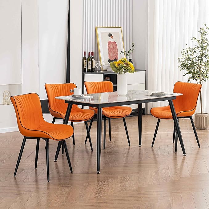 YOUTASTE Dining Chairs Set of 2, Mid Century Modern Upholstered Faux Leather Kitchen Room Chairs, with Black Metal Legs, Armless Accent Chair for Living Room, Bedroom, Vanity, Orange