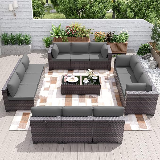 Kurapika 14 Pieces Patio Furniture Set, Rattan Wicker Outdoor Conversation Sets w/4 Inch Cushion and Glass Coffee Table(Grey)