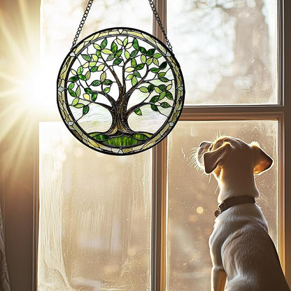 Stained Glass Window Hanging - Brown Tree Trunk Green Leaves Sun Catcher for Door Garden Home Decor Plant Suncatcher Christmas Mother's Day Birthday Gifts for Women Men Mom Nana 9.8 in