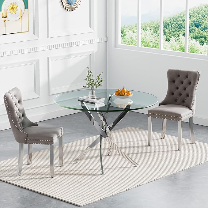 Goujxcy 3 Piece Round Glass Dining Table Set for 2, 36" Round Dining Table & Chair Set Modern Circle Glass Kitchen Table and 2 Velvet Upholstered Chairs for Kitchen Dining (Silver Table & Grey Chair)