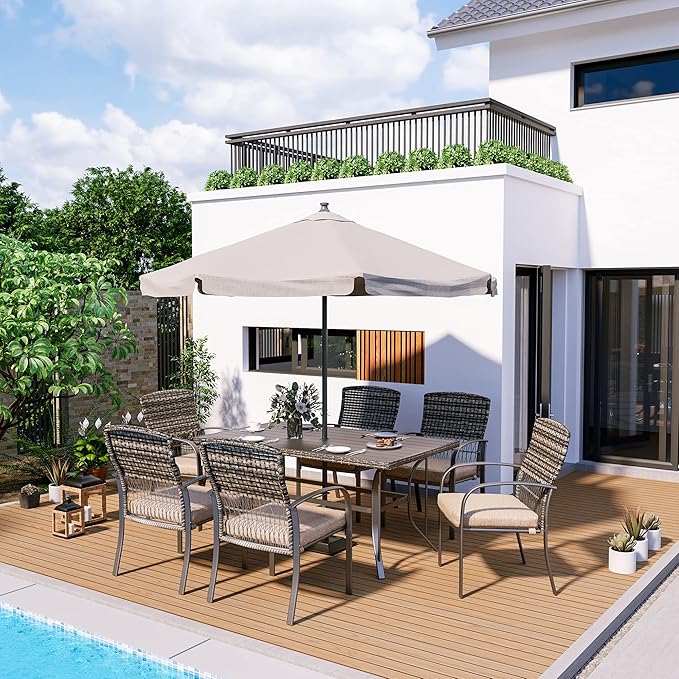 Pamapic 8504 Patio Dining 7 Piece, Outdoor Wicker Furniture Set for Backyard Garden Deck Poolside/Iron Slats Table Top, Removable Cushions, 7 Pack, Beige