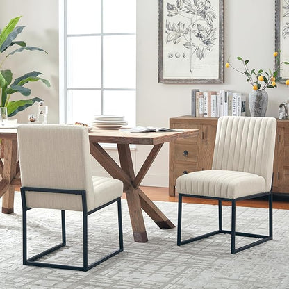 VKNOW Upholstered Dining Chairs, Modern Dining Room Chairs with Stripe, Linen Kitchen Chair Dinner Chair with Black Metal Base for Kitchen Office, Beige