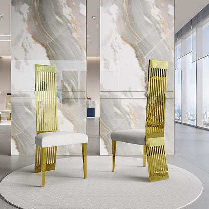White and Gold Dining Chairs Set of 6, Luxury Dining Room Chairs with Mirror Polished Metal High Back and Legs, Modern Heavy duty Dining Chairs with Breathable Backrest for Living Room, Kitchen