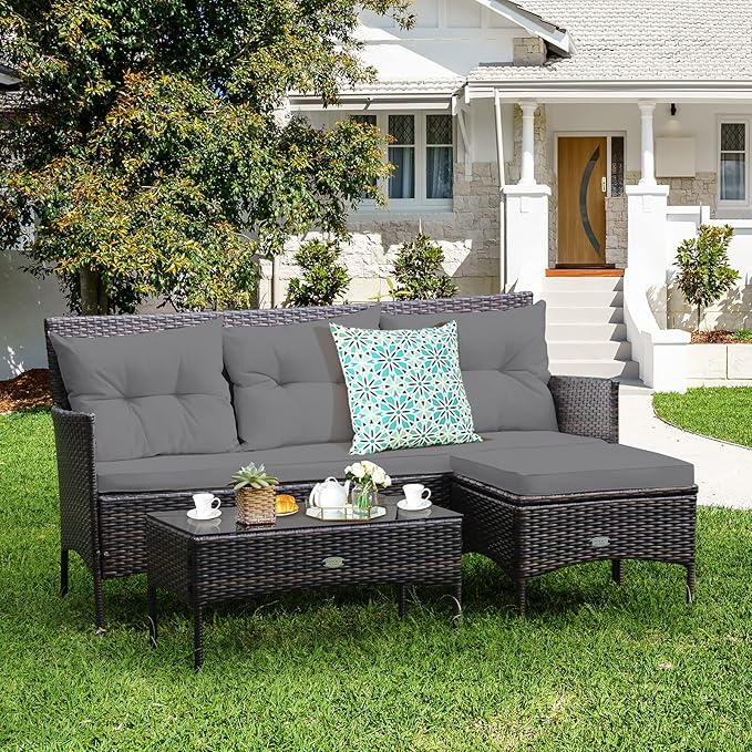 Tangkula 3 Pieces Patio Conversation Set, All Weather Outdoor PE Rattan Wicker Furniture Set with Padded Cushions, Tempered Glass Coffee Table, for Poolside, Backyard, Garden (Gray)