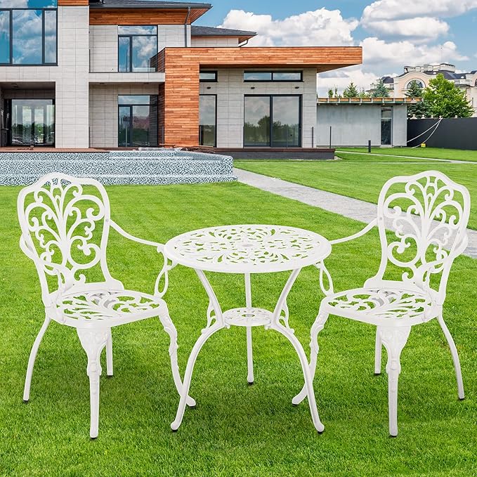 Patio Bistro Sets 3 Piece,Cast Aluminum Bistro Table and Chairs Set of 2 with 1.97" Umbrella Hole,All Weather Bistro Table Set Outdoor Patio Furniture for Garden,Yard(Butterfly White)