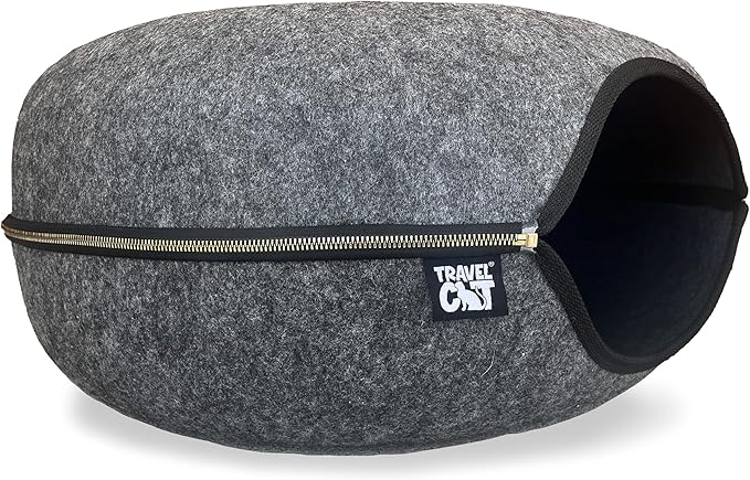 Travel Cat Tunnel Bed Cave - 21 Inch Large Premium Grey Round Donut Cat Cave for Indoor Cats, Kitten - Detachable Cat Hideaway Cat Bed with Tunnel for Playing, Scratching, Sleeping