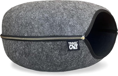Travel Cat Tunnel Bed Cave - 21 Inch Large Premium Grey Round Donut Cat Cave for Indoor Cats, Kitten - Detachable Cat Hideaway Cat Bed with Tunnel for Playing, Scratching, Sleeping