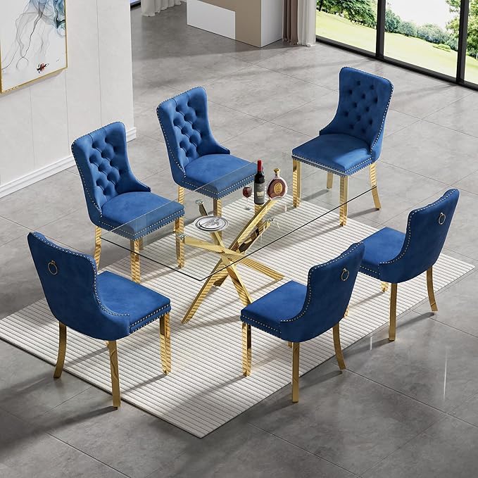 51-Inch Glass Dining Room Table for 4-6 People, Modern Rectangular Kitchen Dining Table with Gold Cross-Shape Stainless Steel Legs for Apartment Kitchen Dining Room