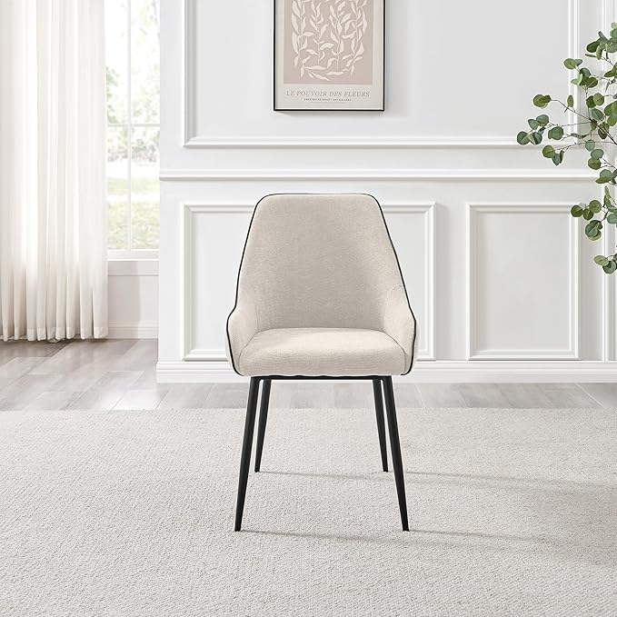 Furniturebox UK Dining Chairs - 2X Beaumont Cream Fabric Black Leg Chairs - Pair of Dining Chairs - Upholstered Polyester Chair - Modern Dining Room Furniture - Contrasting Black Piping