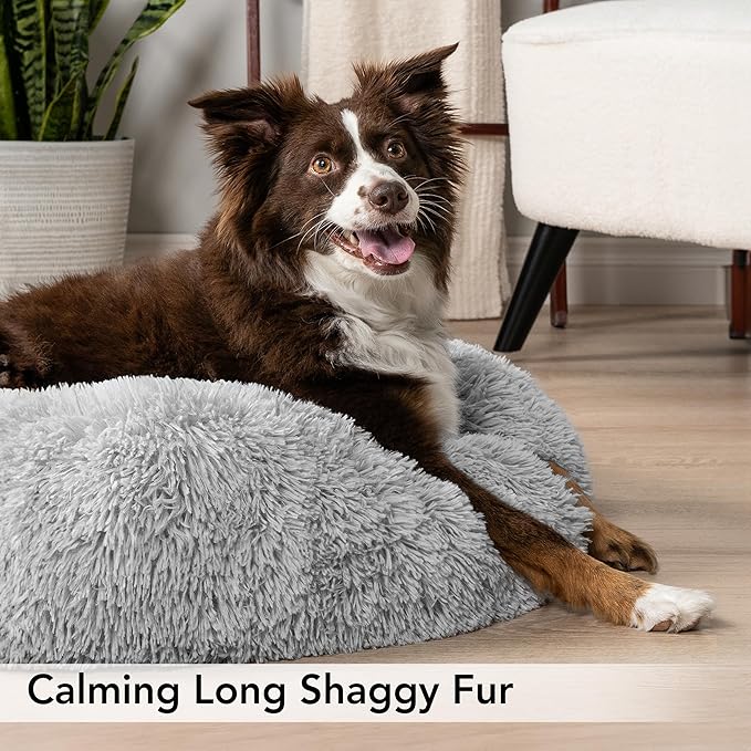 PetAmi Calming Dog Bed for Small Medium Dog Cat, Round Donut Dog Bed Washable, Fluffy Faux Fur Plush Cuddler Pet Kitten Cushion Bed, Anti-Slip, Fits up to 25 lbs, 23 inch, Light Gray