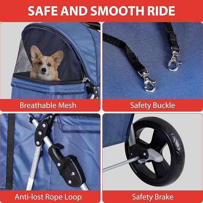 4 Wheels Dog Stroller Folding Pet Strolling Cart for Small Medium Cats Puppies Portable Jogger Travel Camping Puppy Carrier with Storage Basket Cup Holder, Navy Blue