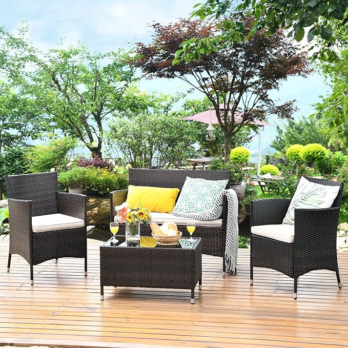 Tangkula 4-PCS Patio Rattan Conversation Set, Outdoor Wicker Furniture Set with Tempered Glass Coffee Table &Thick Cushion, Rattan Chair Wicker Set for Garden, Lawn, Poolside and Backyard (1, Brown)