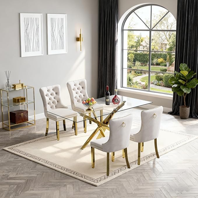 Goujxcy 51" Glass Dining Table Set for 4, Modern Kitchen Table and Chairs Set w/Steel Legs, 5-Piece Dining Table Set w/Glass Gold Dining Table and 4 Beige Velvet Chairs for Kitchen Dining Room