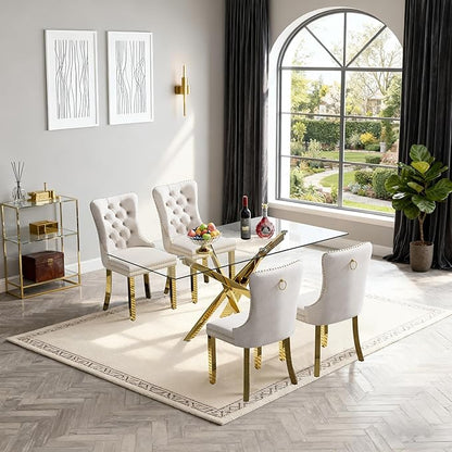 Goujxcy 51" Glass Dining Table Set for 4, Modern Kitchen Table and Chairs Set w/Steel Legs, 5-Piece Dining Table Set w/Glass Gold Dining Table and 4 Beige Velvet Chairs for Kitchen Dining Room