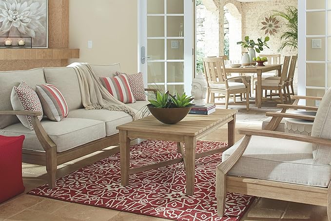 Signature Design by Ashley Clare View Outdoor Patio Sofa, 4 Throw Pillows, Nuvella Weather Resistant Fabric, Eucalyptus Wood, 81" W x 35" D x 32" H, Beige