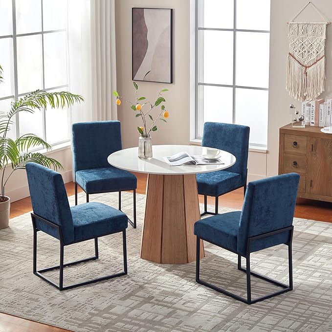 VKNOW Upholstered Dining Chairs Set of 4, Modern Dining Room Chairs, Linen Kitchen Chair Dinner Chair with Black Metal Base for Kitchen Office, Blue-Unstriped