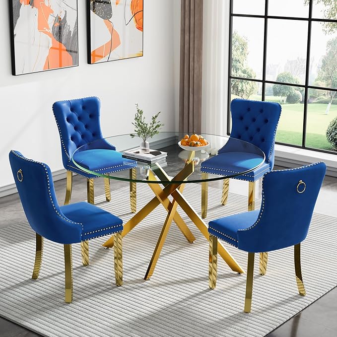 Goujxcy Round Dining Table Set for 4, Modern Glass Kitchen Table and Chairs Set of 4, 5-Piece Dining Room Table Set w/47 Circle Gold Glass Dining Table and 4 Upholstered Velvet Chairs