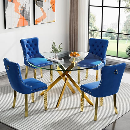 Goujxcy 5 Piece Round Glass Dining Table Set for 4, 47" Round Dining Table & Chair Set Modern Circle Glass Kitchen Table and 4 Velvet Upholstered Chairs for Kitchen Dining (Gold Table & Blue Chair)