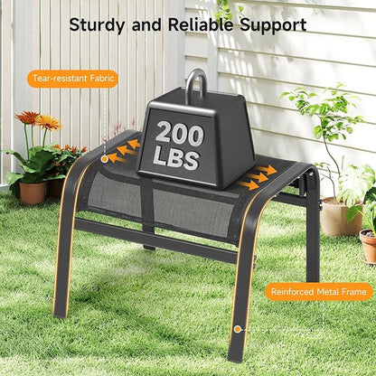 ONBRILL Outdoor Ottoman Foot Rest Set of 2, Textilene Fabric Outdoor Footstool with Tight Surface and Stable Metal Frame, Wide Use Outdoor Ottomans for Patio, Balcony, Poolside and Indoors, Black