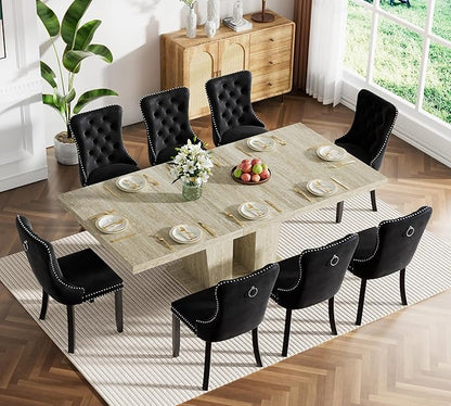 Goujxcy 9-Piece Extendable Dining Table Set for 8, 63-78 Inch Faux Travetine Kitchen Table Set with 8 Green Upholstered Chairs Modern Wood Expandable Dining Room Table Set for Kitchen Apartment