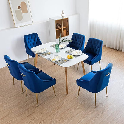 Modern Dining Chair Set of 2, Mid-Century Room Chair, Upholstered Comfortable Velvet with Back Pull Rod and Metal Legs for Kitchen, Dining, Living (Blue), (DYXSD)