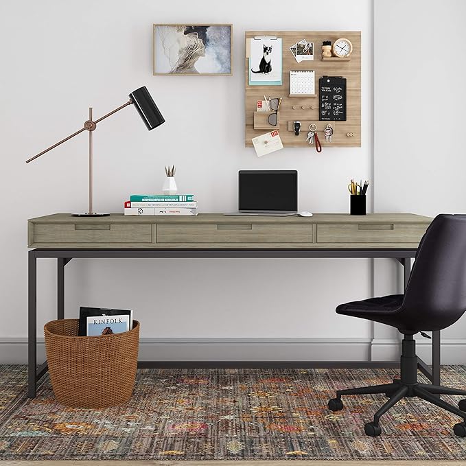 SIMPLIHOME Banting Desk - 72-Inch Wide Solid Hardwood and Metal Writing Desk in Distressed Grey, Modern Industrial Home Office Computer Table for Study with 2 Drawers and Flip-Down Keyboard Tray