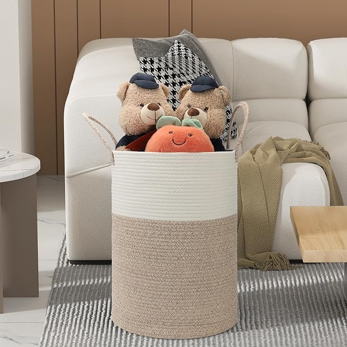 58L Cotton Rope Laundry Basket (20"x15"), Woven Storage Basket for Laundry, Living Room, Nursery, Bedroom, Blankets (White/Brow)
